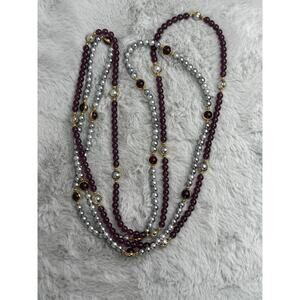 2pc Vintage Faux Pearl & Plum Bead Necklaces Set Gold Tone Accents 38” Each
